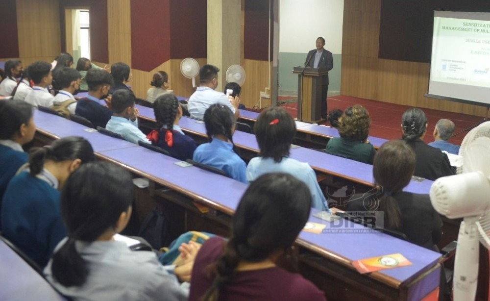 Advisor Zhaleo Rio addressing the sensitisation workshop on management of plastics at Kohima Capital Convention Centre on October 9. (DIPR Photo)